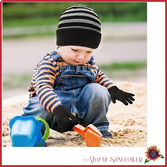 Kids Ages 6-10 Black and Heather Grey Stripe Knit Beanie - Picture 2 of 5